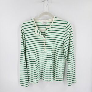 J. Crew Factory Striped Henley Top Green White Medium Ruffle Neck Preppy